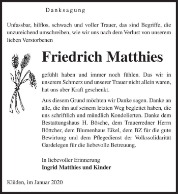 Traueranzeige von Friedrich Matthies  von Magdeburger Volksstimme
