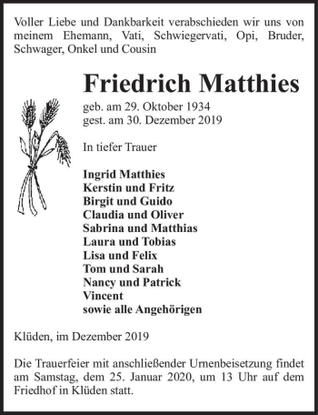 Traueranzeige von Friedrich Matthies  von Magdeburger Volksstimme