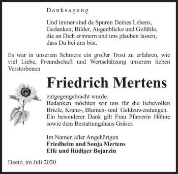 Traueranzeige von Friedrich Mertens  von Magdeburger Volksstimme