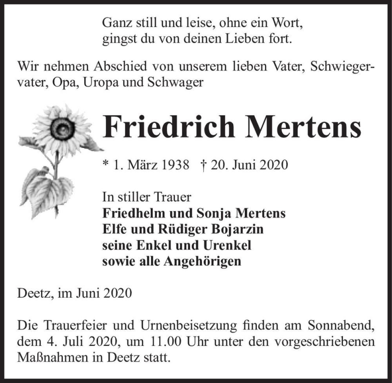  Traueranzeige für Friedrich Mertens  vom 27.06.2020 aus Magdeburger Volksstimme