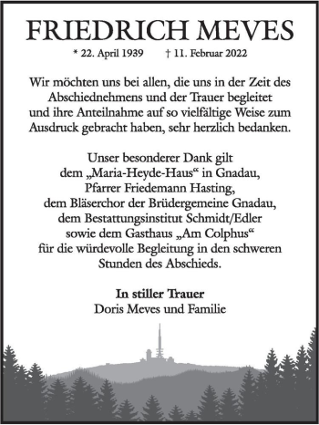 Traueranzeige von Friedrich Meves  von Magdeburger Volksstimme