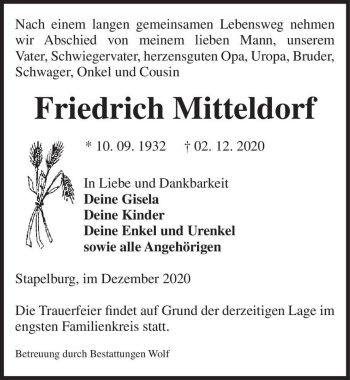 Traueranzeige von Friedrich Mitteldorf  von Magdeburger Volksstimme