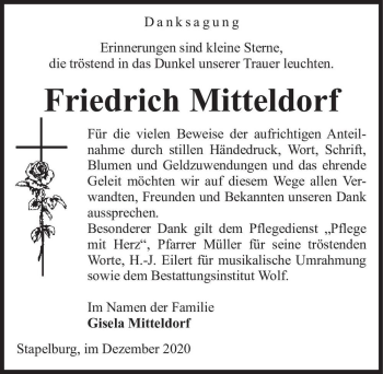Traueranzeige von Friedrich Mittendorf  von Magdeburger Volksstimme