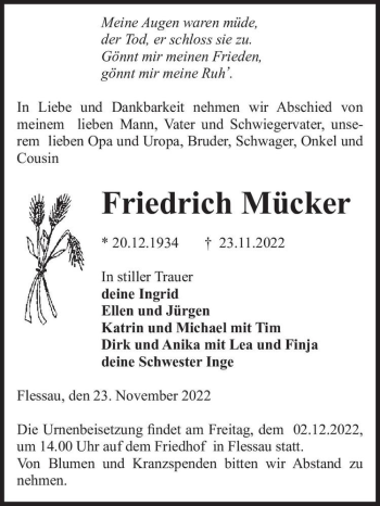 Traueranzeige von Friedrich Mücker  von Magdeburger Volksstimme