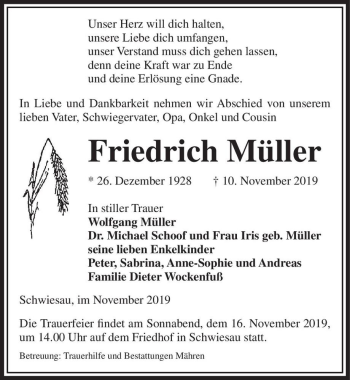 Traueranzeige von Friedrich Müller  von Magdeburger Volksstimme