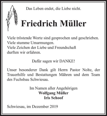 Traueranzeige von Friedrich Müller  von Magdeburger Volksstimme
