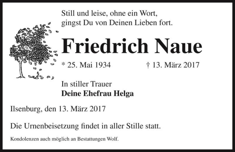  Traueranzeige für Friedrich Naue  vom 18.03.2017 aus Magdeburger Volksstimme