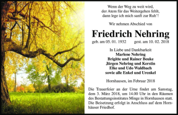 Traueranzeige von Friedrich Nehring  von Magdeburger Volksstimme