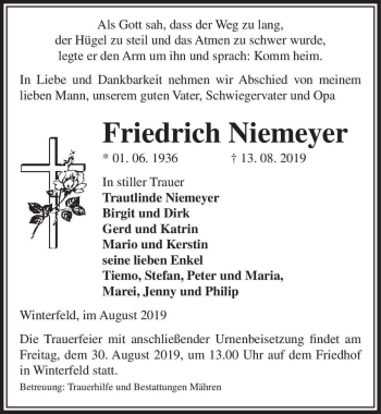 Traueranzeige von Friedrich Niemeyer  von Magdeburger Volksstimme