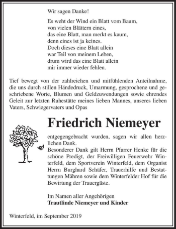 Traueranzeige von Friedrich Niemeyer  von Magdeburger Volksstimme