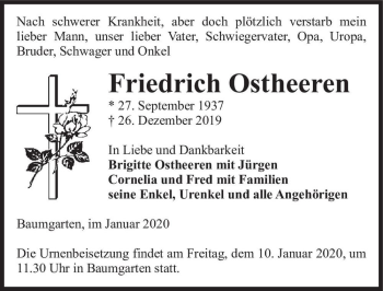 Traueranzeige von Friedrich Ostheeren  von Magdeburger Volksstimme