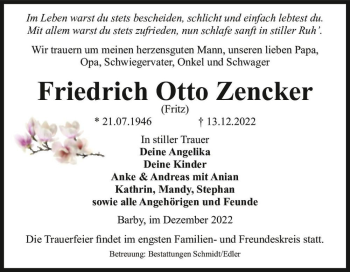 Traueranzeige von Friedrich Otto Zencker (Fritz)  von Magdeburger Volksstimme