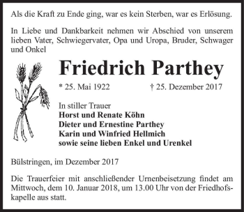 Traueranzeige von Friedrich Parthey  von Magdeburger Volksstimme