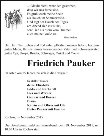 Traueranzeige von Friedrich Pauker  von Magdeburger Volksstimme