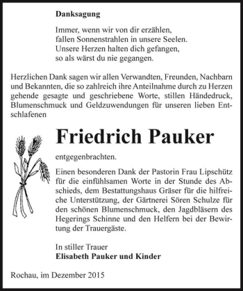 Traueranzeige von Friedrich Pauker  von Magdeburger Volksstimme