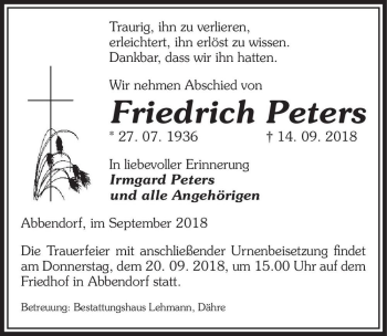Traueranzeige von Friedrich Peters  von Magdeburger Volksstimme