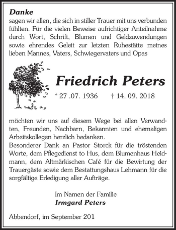Traueranzeige von Friedrich Peters  von Magdeburger Volksstimme