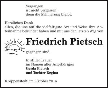 Traueranzeige von Friedrich Pietsch  von Magdeburger Volksstimme