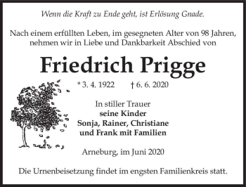 Traueranzeige von Friedrich Prigge  von Magdeburger Volksstimme