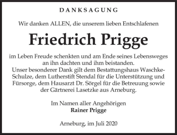 Traueranzeige von Friedrich Prigge  von Magdeburger Volksstimme