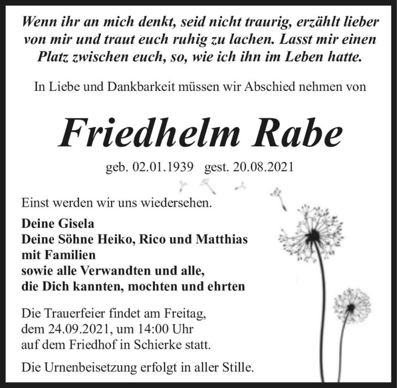  Traueranzeige für Friedrich Rabe  vom 28.08.2021 aus Magdeburger Volksstimme