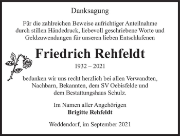Traueranzeige von Friedrich Rehfeldt  von Magdeburger Volksstimme