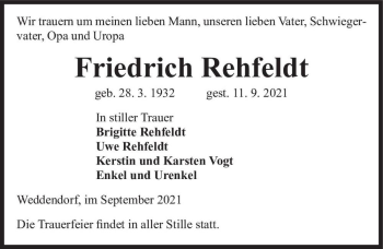 Traueranzeige von Friedrich Rehfeldt  von Magdeburger Volksstimme
