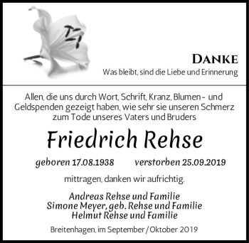 Traueranzeige von Friedrich Rehse  von Magdeburger Volksstimme