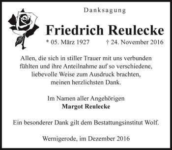 Traueranzeige von Friedrich Reulecke  von Magdeburger Volksstimme