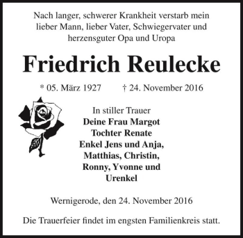 Traueranzeige von Friedrich Reulecke  von Magdeburger Volksstimme