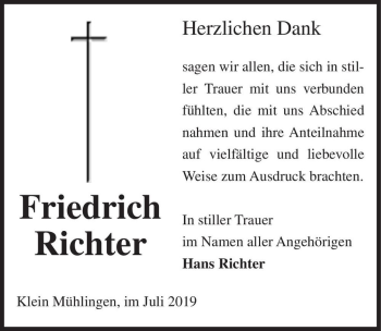 Traueranzeige von Friedrich Richter  von Magdeburger Volksstimme
