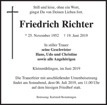Traueranzeige von Friedrich Richter  von Magdeburger Volksstimme