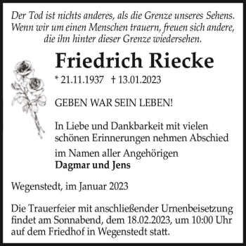 Traueranzeige von Friedrich Riecke  von Magdeburger Volksstimme