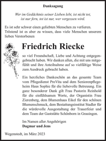 Traueranzeige von Friedrich Riecke  von Magdeburger Volksstimme