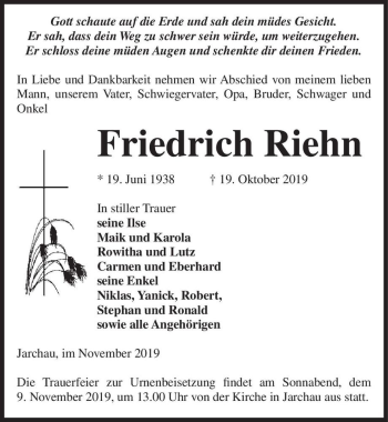 Traueranzeige von Friedrich Riehn  von Magdeburger Volksstimme