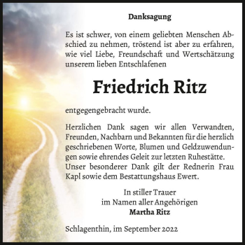 Traueranzeige von Friedrich Ritz  von Magdeburger Volksstimme