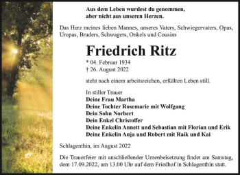 Traueranzeige von Friedrich Ritz  von Magdeburger Volksstimme