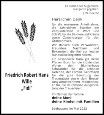 Traueranzeige von Friedrich Robert Hans Wille 