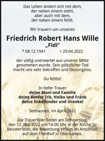 Traueranzeige von Friedrich Robert Hans Wille 