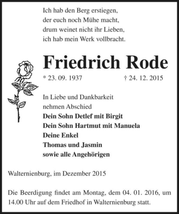 Traueranzeige von Friedrich Rode  von Magdeburger Volksstimme