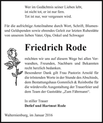 Traueranzeige von Friedrich Rode  von Magdeburger Volksstimme