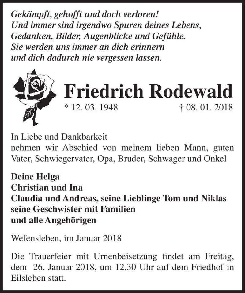  Traueranzeige für Friedrich Rodewald  vom 11.01.2018 aus Magdeburger Volksstimme