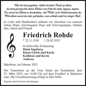Traueranzeige von Friedrich Rohde  von Magdeburger Volksstimme