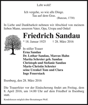 Traueranzeige von Friedrich Sandau  von Magdeburger Volksstimme