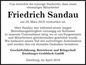 Traueranzeige von Friedrich Sandau  von Magdeburger Volksstimme