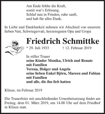 Traueranzeige von Friedrich Schmittke  von Magdeburger Volksstimme