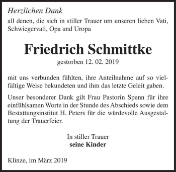 Traueranzeige von Friedrich Schmittke  von Magdeburger Volksstimme