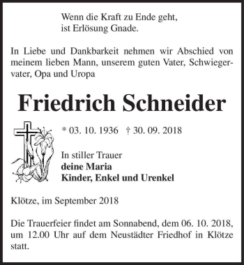 Traueranzeige von Friedrich Schneider  von Magdeburger Volksstimme