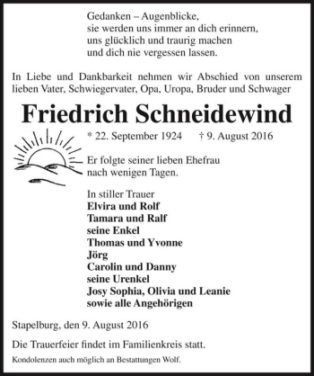 Traueranzeige von Friedrich Schneidewind  von Magdeburger Volksstimme