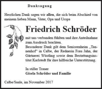 Traueranzeige von Friedrich Schröder  von Magdeburger Volksstimme